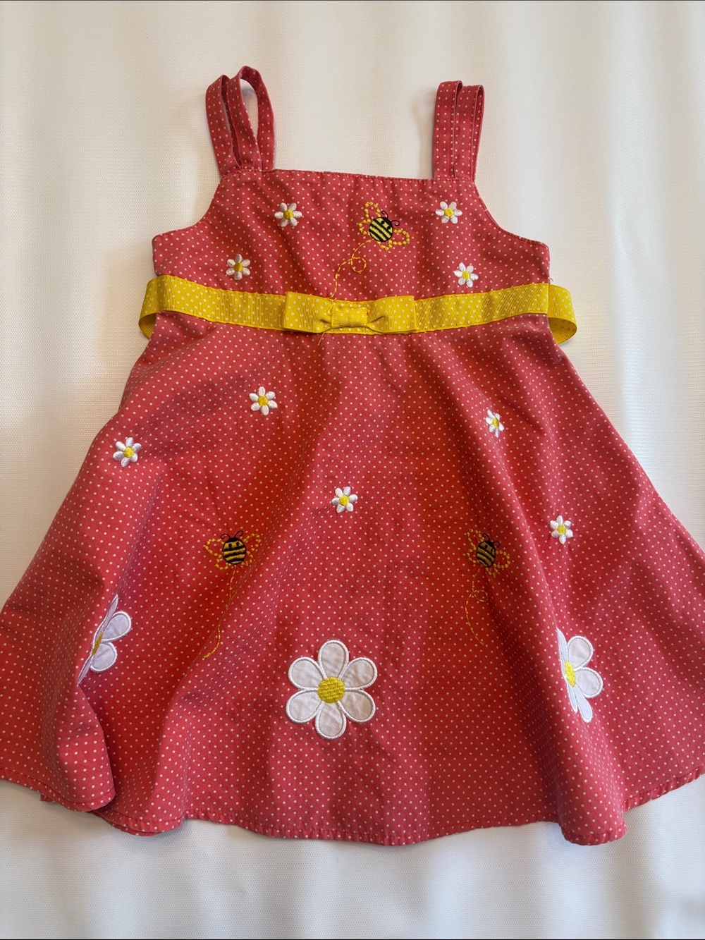 Blueberi Boulevard pink Polka Dot Daisy & Bee Dress with Yellow Waistband